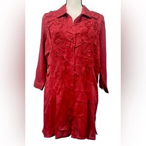 CHICO’S Red Crinkled Crush ¾ Sleeve Long Blouse Shirt Tunic Top sz 2 Large